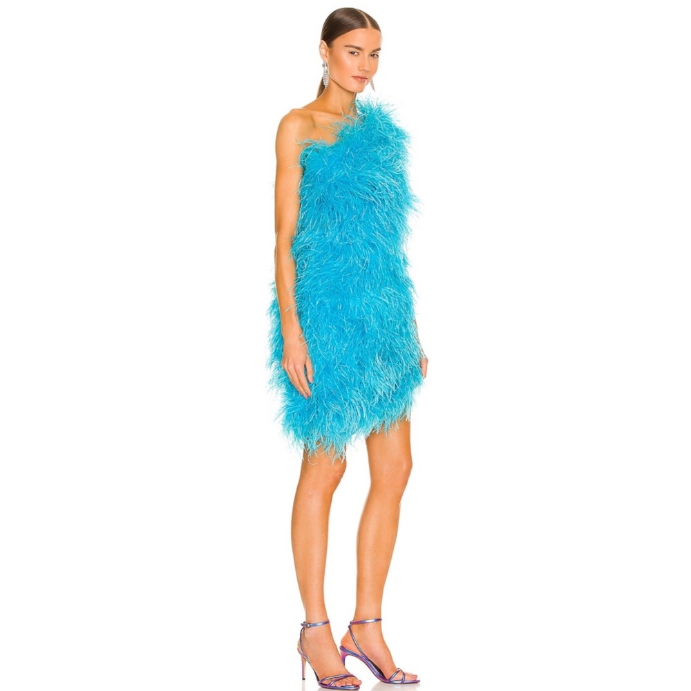 The Bar One Shoulder Ostrich Feather Andre Dress in Turquoise - Picture 2 of 12